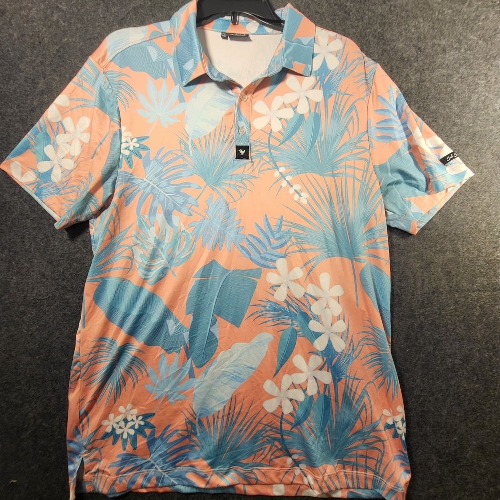 Bad Birdie Mens Tropical Floral Golf Polo Shirt Peach Blue Size Medium